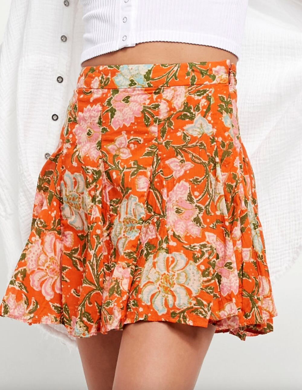 Free People Floral Mini Skirt Orange Pink Boho Cotton Pleated Flowy Size 2